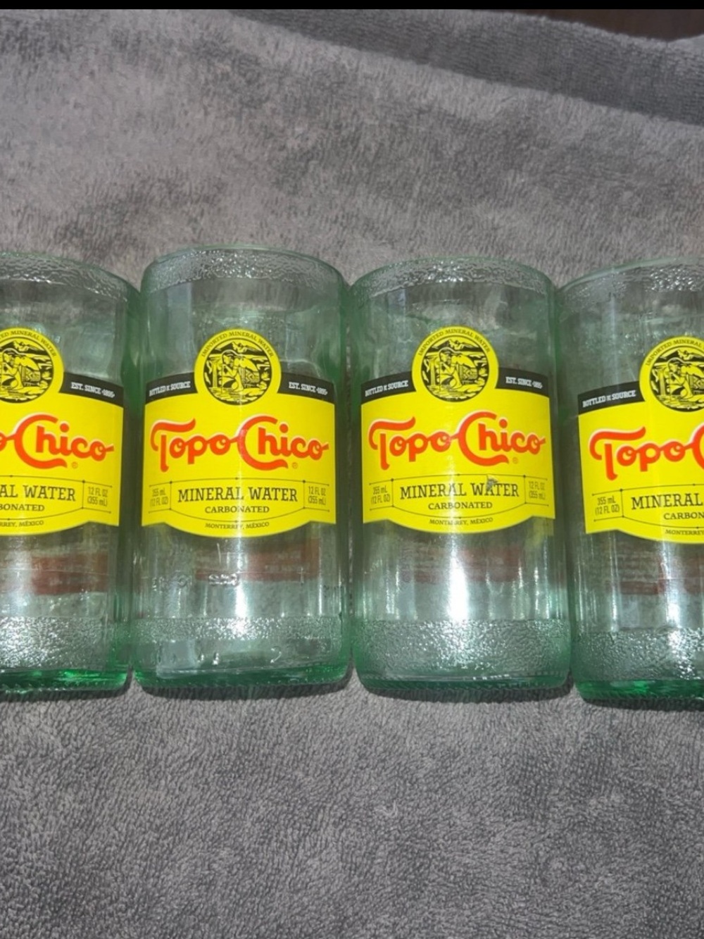 S/4 HAND-CRAFTED UPCYCLED TOPO CHICO DRINKING TUMBLERS MADE FROM ICONIC BOTTLES